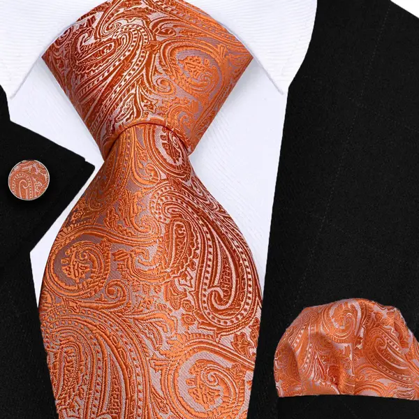 Sorprese Stropdas Met Pochet En Manchetknopen - Paisley Oranje - 8cm - 100% Zijde - Pochette - Kerst thumbnail