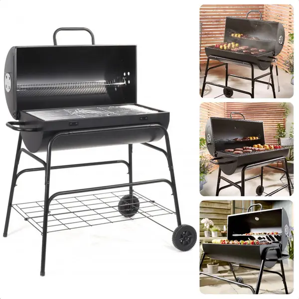 Grote Verrijdbare Cilinder Bbq Op Wielen Met Verstelbare Ventilatieroosters - Houtskool Barbecue - Houtskoolbarbecue - Cilinder thumbnail