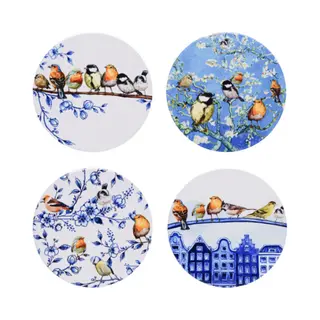 Heinen Delfts Blauw Onderzetters Bosvogels - Rond - Keramiek - Set Van 4