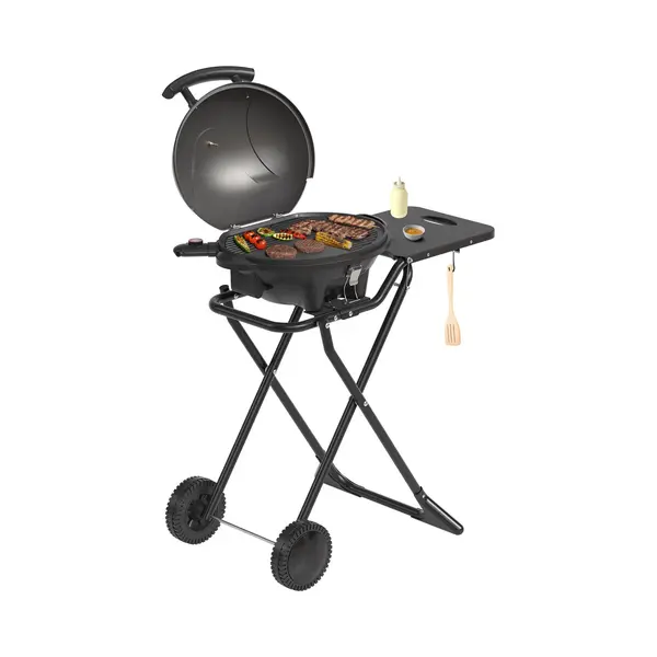 KitchenBrothers Elektrische Bbq - Opvouwbaar - Barbecue Met Wielen - Anti-aanbaklaag - Zijtafel - Tot 250°C - 2400W - Zwart thumbnail