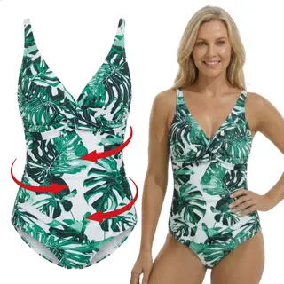 Renalux - Corrigerend Badpak Dames Met Verstelbare Bandjes - Shaping Badpak - Corrigerend Badpakken Voor Dames - Wit Met Groene Bladprint - L