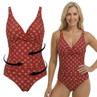 Renalux - Corrigerend Badpak Dames Met Verstelbare Bandjes - Shaping Badpak - Corrigerend Badpakken Voor Dames - Rood Met Print - L
