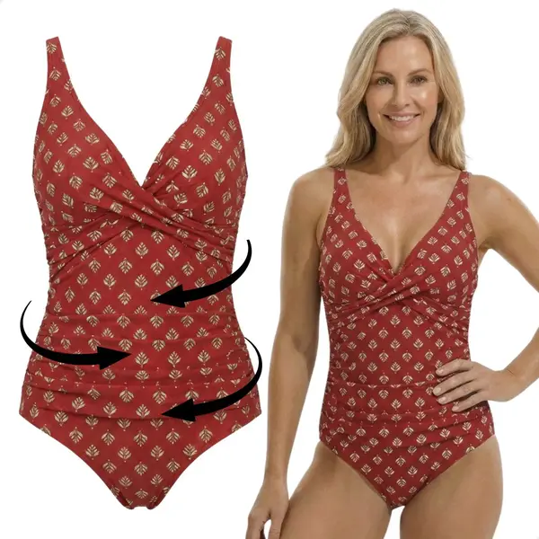 Renalux - Corrigerend Badpak Dames Met Verstelbare Bandjes - Shaping Badpak - Corrigerend Badpakken Voor Dames - Rood Met Print - L thumbnail