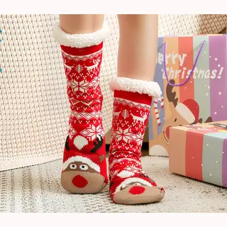 Budino® Huissokken - Verwarmde Sokken - Antislip Sokken - Warme Sokken - Dikke Sokken - Anti Slip - Fluffy Sokken - Dames En Heren - Rendier Wit Rood