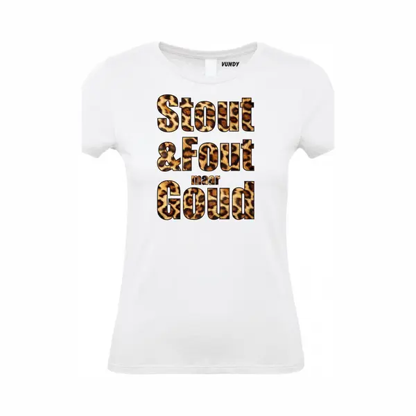 Vundy Dames T-shirt Panter Print Stout & Fout Maar Goud | Toppers In Concert 2025 | Stout & Fout Maar Goud | Foute Party Shirt | Wit Dames | Maat S thumbnail