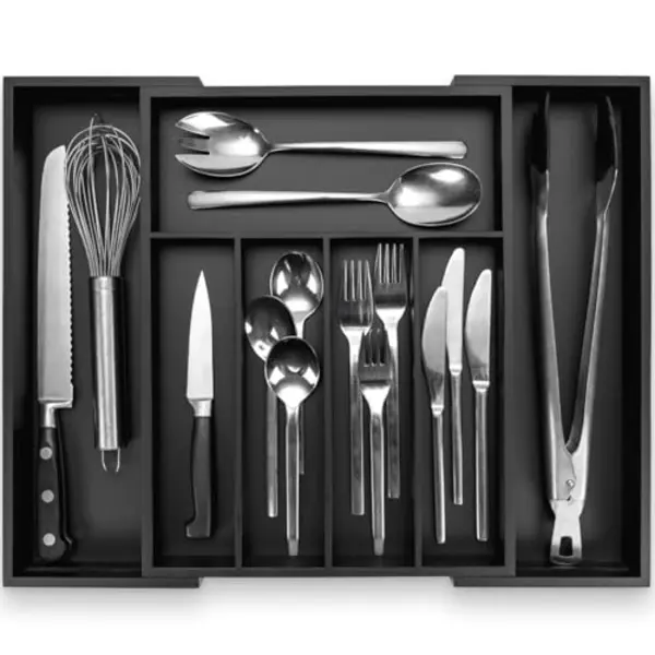 Budu Cutlery Tray #38 (Depth 38 Cm) Made Of Bamboo - Black - Drawer Organiser System For The Kitchen - Cutlery Tray For Bamboo Drawers - Extendable - thumbnail