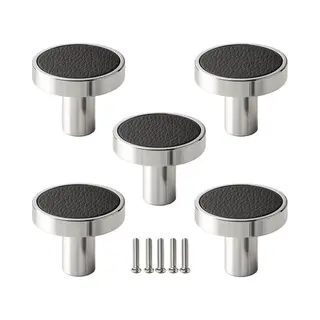 5 X Msqdesign - Kastknop Zilver Zwart (Metaal) - Leer Kastknop Zilver- Leer Deurknoppen Zilver Voor Kasten - Deurknopjes Zilver- Kastknoppen Zilver-