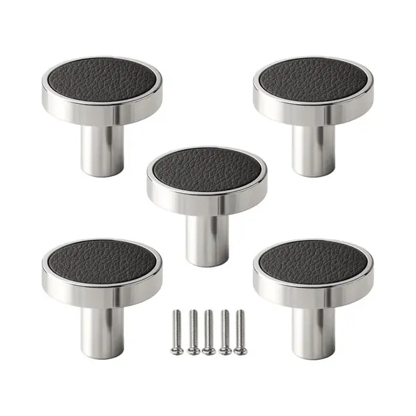 5 X Msqdesign - Kastknop Zilver Zwart (Metaal) - Leer Kastknop Zilver- Leer Deurknoppen Zilver Voor Kasten - Deurknopjes Zilver- Kastknoppen Zilver- thumbnail