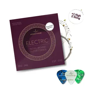 Lintage Guitars Premium Elektrische Gitaar Snaren + Extra Hoge E Snaar - Inclusief 3 Celluloid Plectra - Esp-010 - Nickel Wound