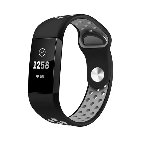 Chpn - Siliconen Bandje Gechikt Voor Fitbit Charge 3 En 4 - Large - Zwart/grijs - Sportbandje Voor Fitbit - Fitbitbandje Met Gaatjes - Sportief thumbnail