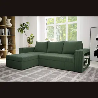 zetelsenbedden.be Hoekbank Alexandra Met Slaapfunctie En Opbergruimte- Corduroy Ribstof Groen- Hoeksalon Met Bed En Opbergruimte- Universele Lounge- Zetelsenbedden