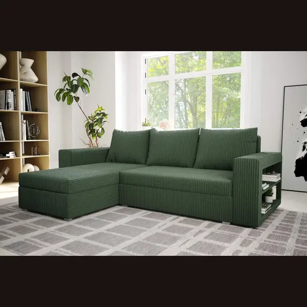 zetelsenbedden.be Hoekbank Alexandra Met Slaapfunctie En Opbergruimte- Corduroy Ribstof Groen- Hoeksalon Met Bed En Opbergruimte- Universele Lounge- Zetelsenbedden thumbnail