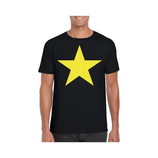 Bellatio Decorations Verkleed Shirt Voor Heren - Ster - Zwart - Geel Glitter - Carnaval/themafeest M thumbnail