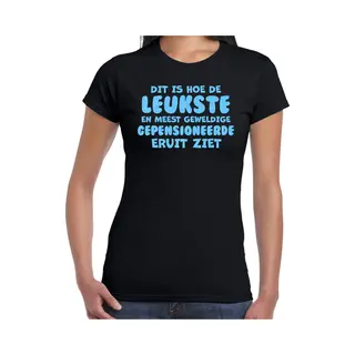 Bellatio Decorations Cadeau T-shirt Dames - Pensioen - Leukste Collega - Zwart - Glitter Blauw - Afscheid M