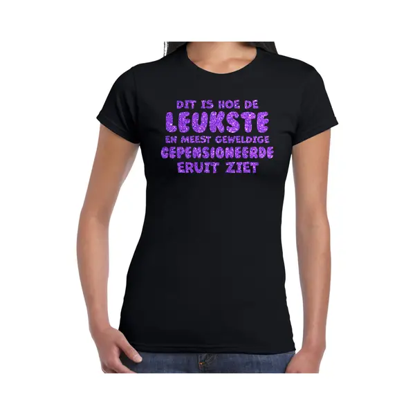 Bellatio Decorations Cadeau T-shirt Dames - Pensioen - Leukste Collega - Zwart - Glitter Paars - Afscheid Xl thumbnail