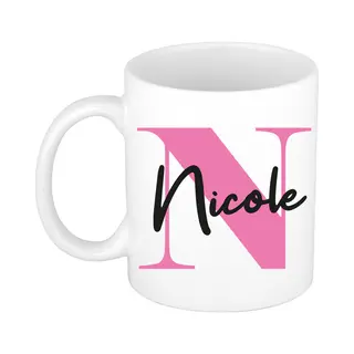 Bellatio Decorations Naam Mok Nicole - Roze - Wit - Keramiek - 300 Ml - Cadeau Beker