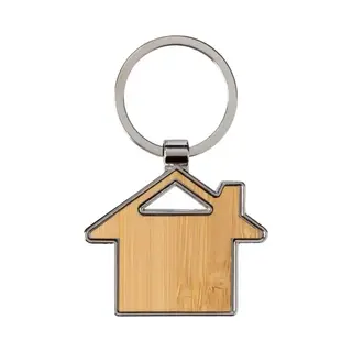 Sleutelhanger Met Huisje - Bamboe/metaal - 5 X 4 Cm - Eigen Huis/nieuw Huis - Cadeau Housewarming
