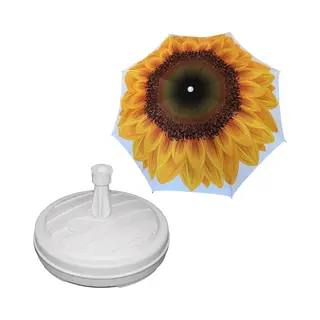 Tuin Parasol Zonnebloem - Met Vulbare Parasolvoet In Wit - Doek Geel/zwart - D180 Cm - Polyester - Camping - Uv Straling Bestendig