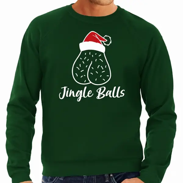 Bellatio Decorations Foute Humor Kersttrui / Sweater Voor Heren - Jingle Balls - Groen - Kerstmuts S thumbnail
