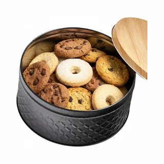 5Five Koektrommel Voorraadblik - Zwart - 20 X 10 Cm - 4 Liter - Bewaarblik Met Houtnerf Look Deksel - Snoeptrommel