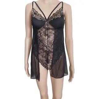 Dames - String Bodystocking - Lingerie - Met Kant En Doorzichtig Lijfje - Kleur Zwart/Goud - Maat 36t/m44 - Cadeau - Kerst.