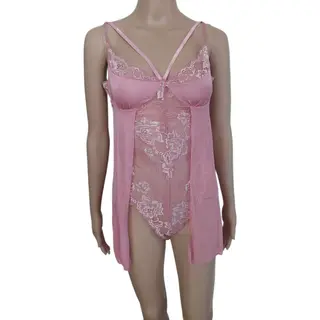 Dames - String Bodystocking - Lingerie - Met Kant En Doorzichtig Lijfje - Kleur Lichtroze - Maat 36t/m44 - Cadeau - Kerst.