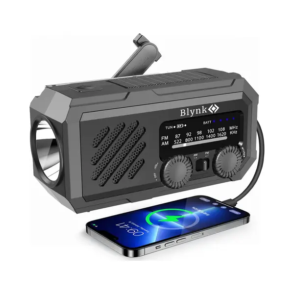 Blynk Solar Noodradio Met Powerbank 2.000 MAh – Opwindbaar & Usb – Am/Fm Radio – Zaklamp & Sos – Noodpakket Voor Kamperen & Stroomuitval – thumbnail