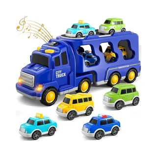 Oneliv Speelgoed Vrachtwagen 33cm Met Licht En Geluid En Vier Kleine Auto's - Oplegger - Speelgoed Truck - Donker Blauw
