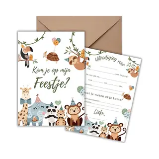Momentuals Uitnodiging Kinderfeestje 10 Kaarten + Enveloppen - Jungle – Dieren – Jongen & Meisje - Uitnodigingskaarten - Beschrijfbaar – Verjaardag Kind