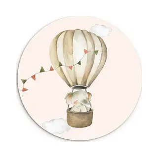WallCircle® Wandcirkel 30x30 Cm - Muurcirkel Luchtballon - Olifant - Watercolor - Beige - Dieren Kinderkamer - Lucht - Muurdecoratie Cirkel Woonkamer