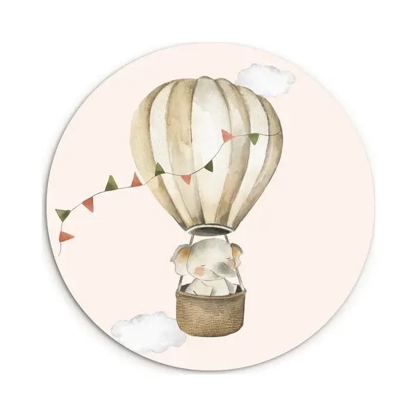WallCircle® Wandcirkel 30x30 Cm - Muurcirkel Luchtballon - Olifant - Watercolor - Beige - Dieren Kinderkamer - Lucht - Muurdecoratie Cirkel Woonkamer thumbnail