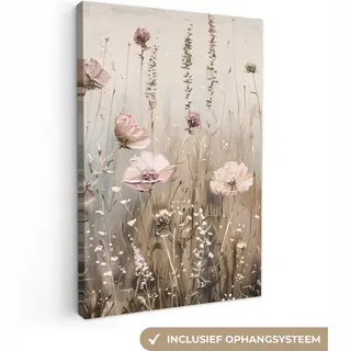 OneMillionCanvasses Canvas Schilderij 120x180 Cm - Wanddecoratie Bloemen - Roze - Modern - Beige - Muurdecoratie Woonkamer - Slaapkamer Decoratie - Kamer Accessoires -