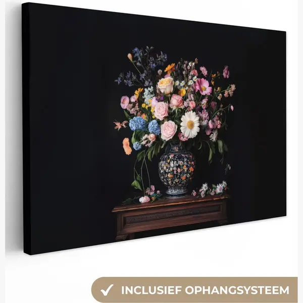 OneMillionCanvasses Canvas Schilderij 90x60 Cm - Exclusieve Wanddecoratie Bloemenvaas - Hout - Bloemen - Boeket - Muurdecoratie Woonkamer - Slaapkamer Decoratie - Kamer thumbnail