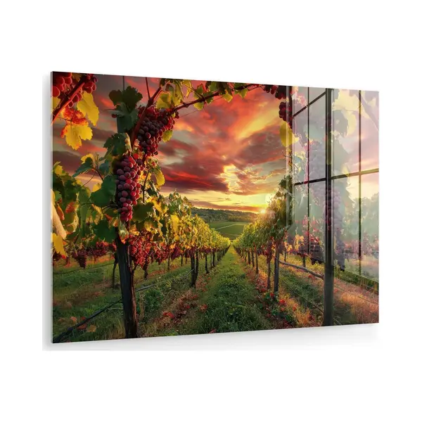 MuchoWow® Glasschilderij 90x60 Cm - Schilderij Acrylglas - Wijngaard - Druiven - Zonsondergang - Foto Op Glas - Muurdecoratie Woonkamer - thumbnail