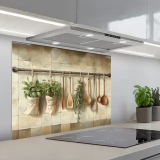 KitchenYeah Spatscherm 80x60 Cm - Zelfklevende Achterwand Hout - Keukengerei - Stilleven - Tegels - Keuken Muurbeschermer - Spatwand Fornuis