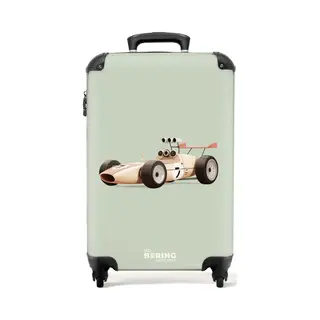 NoBoringSuitcases.com® - Kinderkoffer Jongen - Kindertrolley Jongens - Beige Retro Raceauto Op Groen Achtergrond - Handbagage Koffer Lichtgewicht -