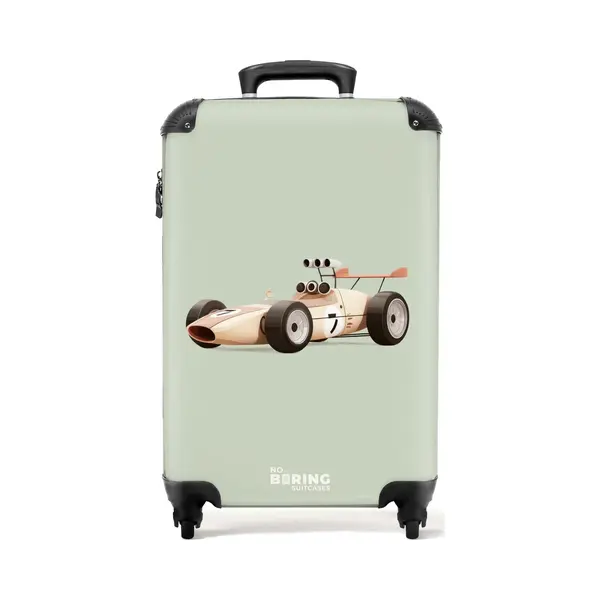 NoBoringSuitcases.com® - Kinderkoffer Jongen - Kindertrolley Jongens - Beige Retro Raceauto Op Groen Achtergrond - Handbagage Koffer Lichtgewicht - thumbnail