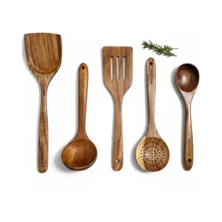 Dutchers® 5-delige Spatelset Teakhout - Houten Spatels - Soeplepel - Keuken Lepel - Kookgerei - Wokspatels - Pollepels - Opscheplepel - Keukenlepel -