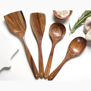 Dutchers® Premium 4-delige Houten Spatel Set - Spatels - Antiaanbakpan - Keuken Lepel - Kookgerei - Wokspatels - Pollepels - Opscheplepel -