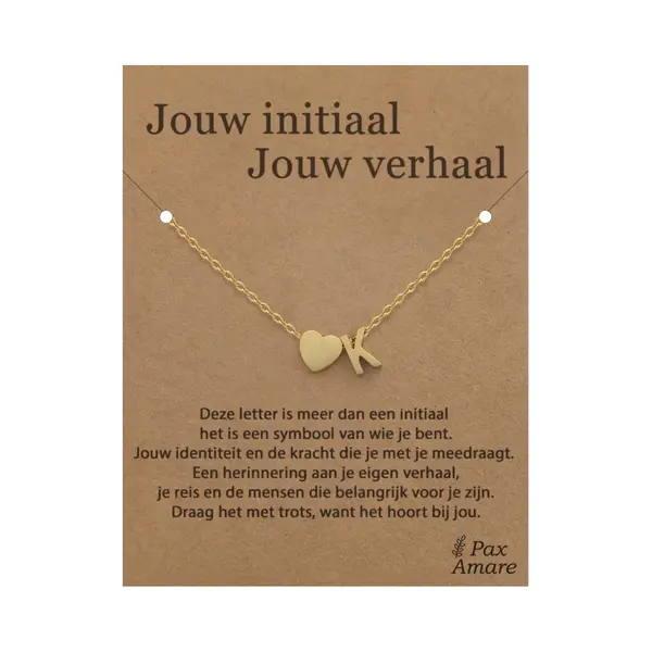 Letter K Ketting Op Cadeau Kaartje - Jouw Initiaal, Jouw Verhaal - 45cm Goudkleurig Stainless Steel - Initiaal & Hartje Hanger - Pax Amare thumbnail