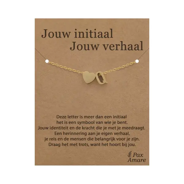 Pax Amare Letter Q Armband Op Cadeau Kaartje - Jouw Initiaal, Jouw Verhaal - 15, 5cm + 5, 5cm Verstelbaar Goudkleurig Stainless Steel - Initiaal & Hartje Hanger thumbnail