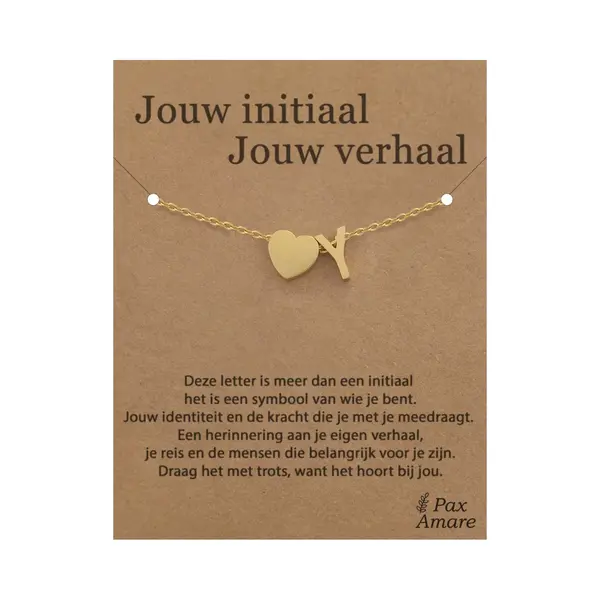Pax Amare Letter Y Armband Op Cadeau Kaartje - Jouw Initiaal, Jouw Verhaal - 15, 5cm + 5, 5cm Verstelbaar Goudkleurig Stainless Steel - Initiaal & Hartje Hanger thumbnail