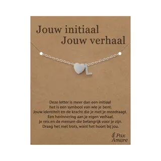 Pax Amare Letter L Armband Op Cadeau Kaartje - Jouw Initiaal, Jouw Verhaal - 15, 5cm + 5, 5cm Verstelbaar Zilverkleurig Stainless Steel - Initiaal & Hartje
