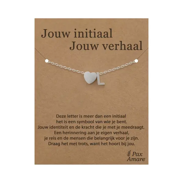 Pax Amare Letter L Armband Op Cadeau Kaartje - Jouw Initiaal, Jouw Verhaal - 15, 5cm + 5, 5cm Verstelbaar Zilverkleurig Stainless Steel - Initiaal & Hartje thumbnail
