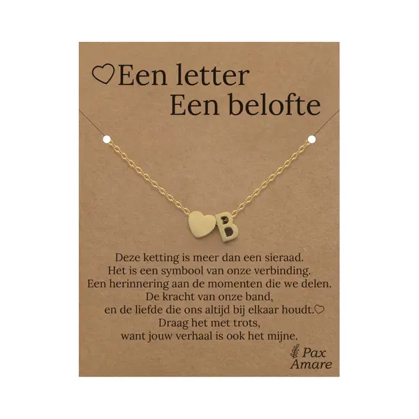 Letter B Ketting Op Cadeau Kaartje - Een Letter, Een Belofte - 45cm Goudkleurig Stainless Steel - Initiaal & Hartje Hanger - Pax Amare thumbnail