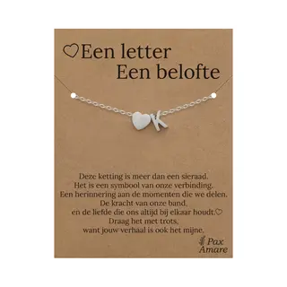 Pax Amare Letter K Armband Op Cadeau Kaartje - Een Letter, Een Belofte - 15, 5cm + 5, 5cm Verstelbaar Zilverkleurig Stainless Steel - Initiaal & Hartje Hanger -