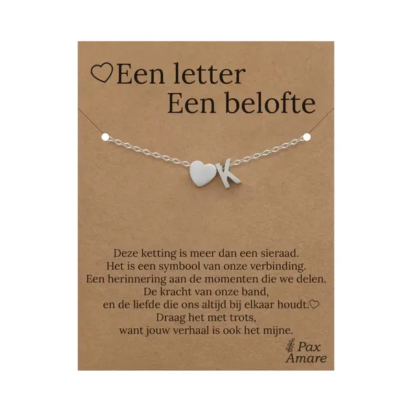 Pax Amare Letter K Armband Op Cadeau Kaartje - Een Letter, Een Belofte - 15, 5cm + 5, 5cm Verstelbaar Zilverkleurig Stainless Steel - Initiaal & Hartje Hanger - thumbnail