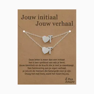 Letter T Ketting + Armband Set Op Cadeau Kaartje - Jouw Initiaal, Jouw Verhaal - Zilverkleurig Stainless Steel - Initiaal & Hartje Hanger - Pax Amare