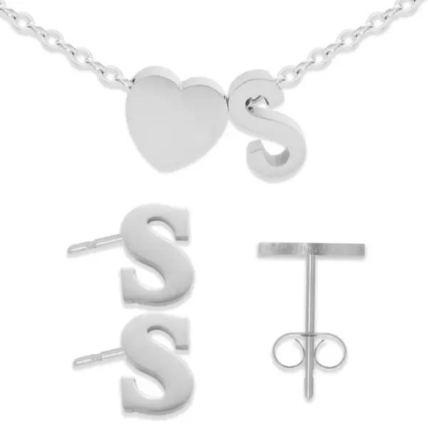 Initiaal Armband & Oorbellen Set Met Letter S Zilverkleurig - Stainless Steel - Met Letter & Hartje! - 2x Sieraden Cadeau - Pax Amare thumbnail