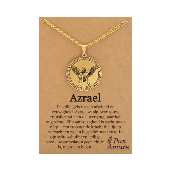 Pax Amare Beschermengel Azraël Ketting Op Cadeau Kaartje - Goudkleurig - Aartsengel Talisman / Medalion - Stainless Steel Engelen Hanger - 60cm thumbnail